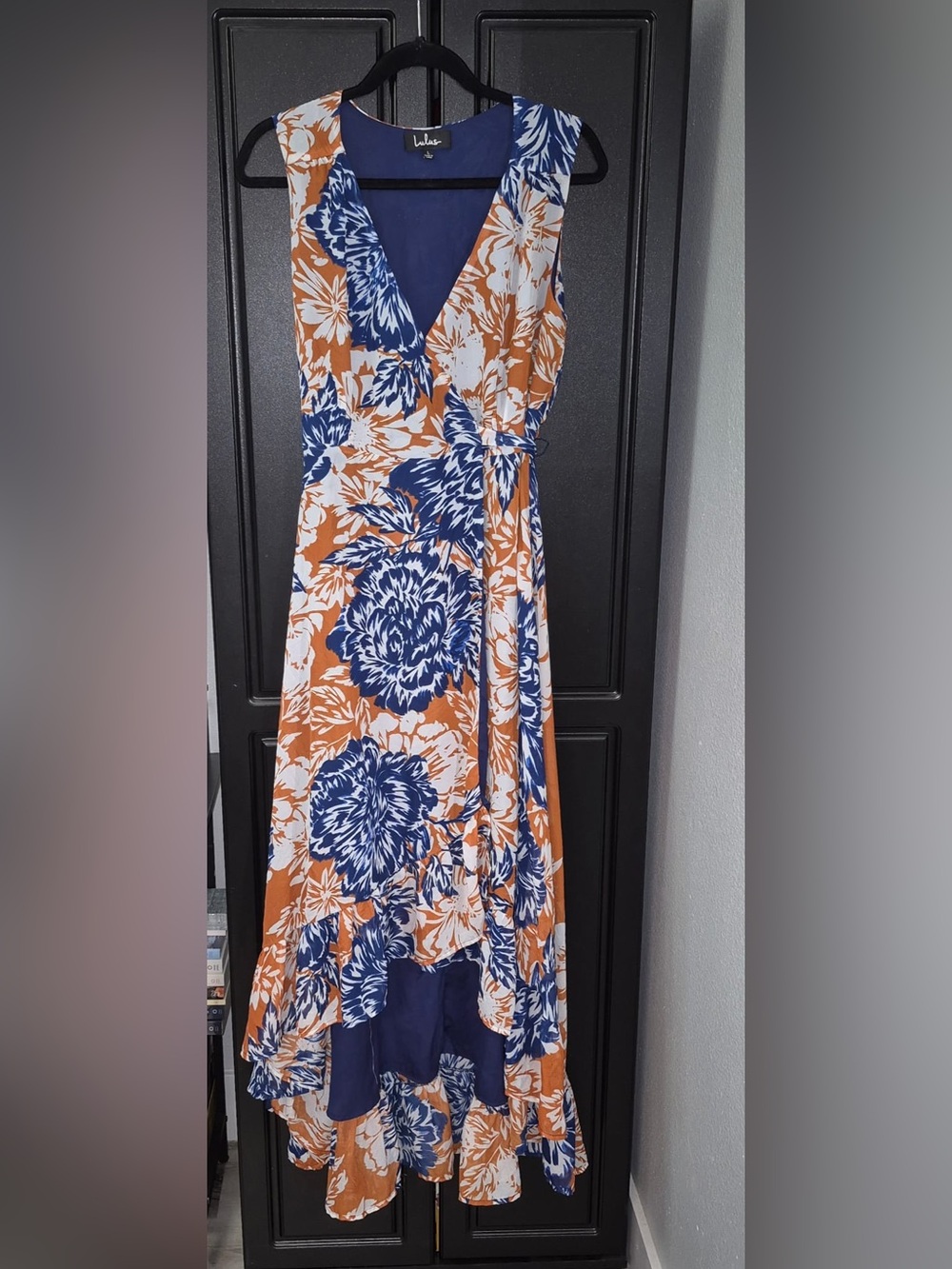 Lulus Rust & Navy Floral High-Low Wrap Dress